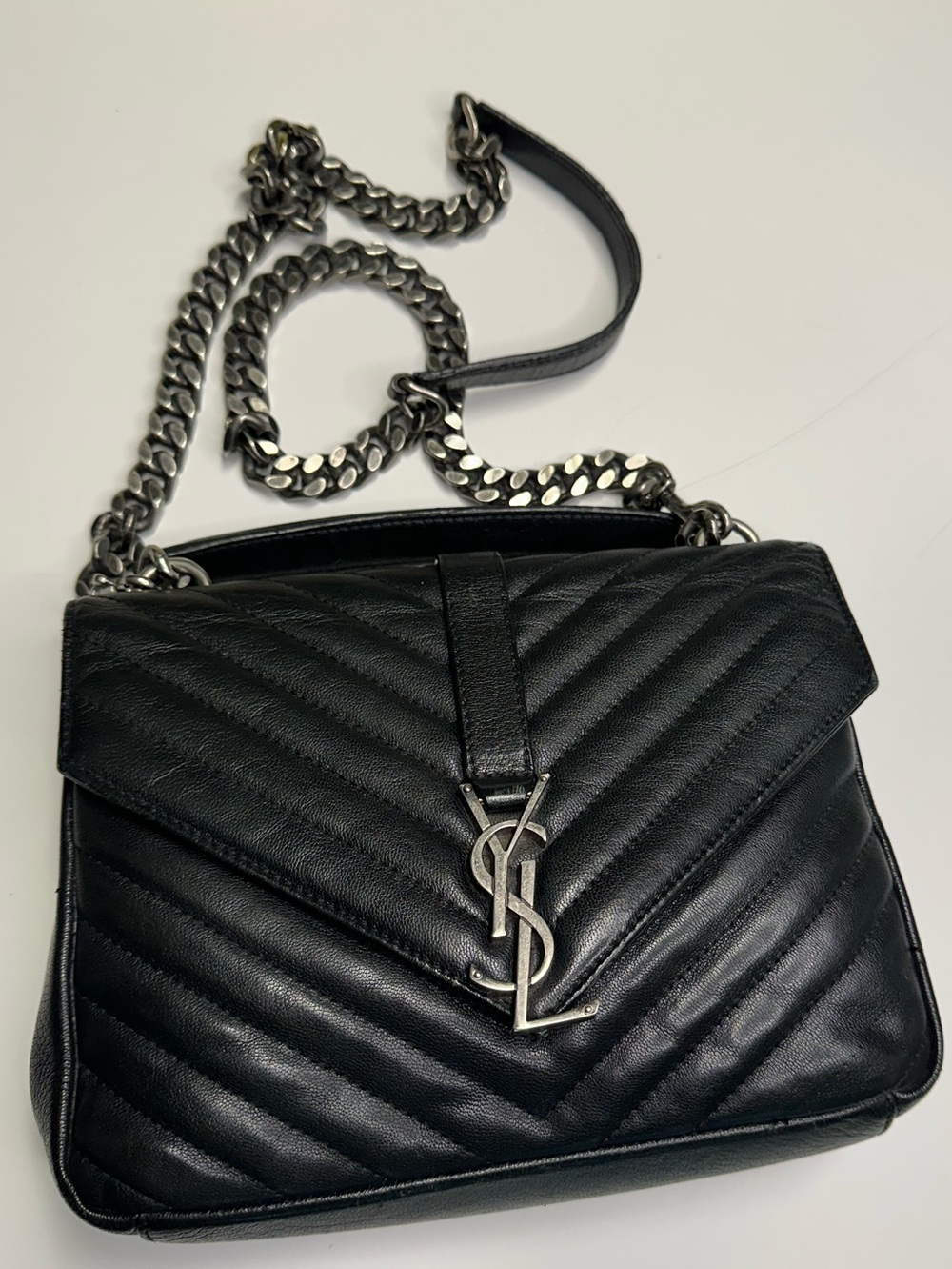 Saint Laurent Medium College  Quilted Black Chevron Bag